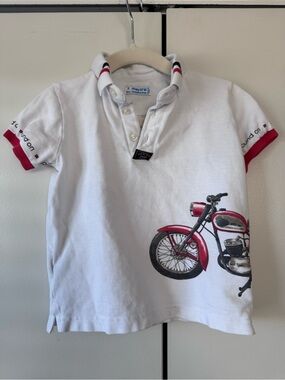 Mayoral White Polo with Red Motorcycle Motif